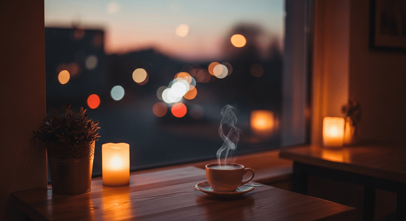 夕暮れの静かなカフェの窓際に置かれた、湯気の立つ一杯のコーヒーとキャンドルの灯り