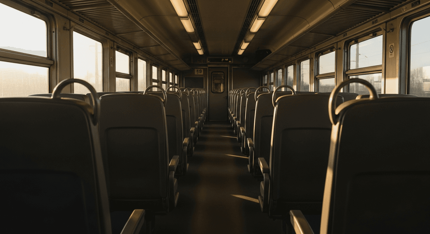 夜明けの光が差し込む、誰もいない静かな電車の車内。空いた座席が並んでいる
